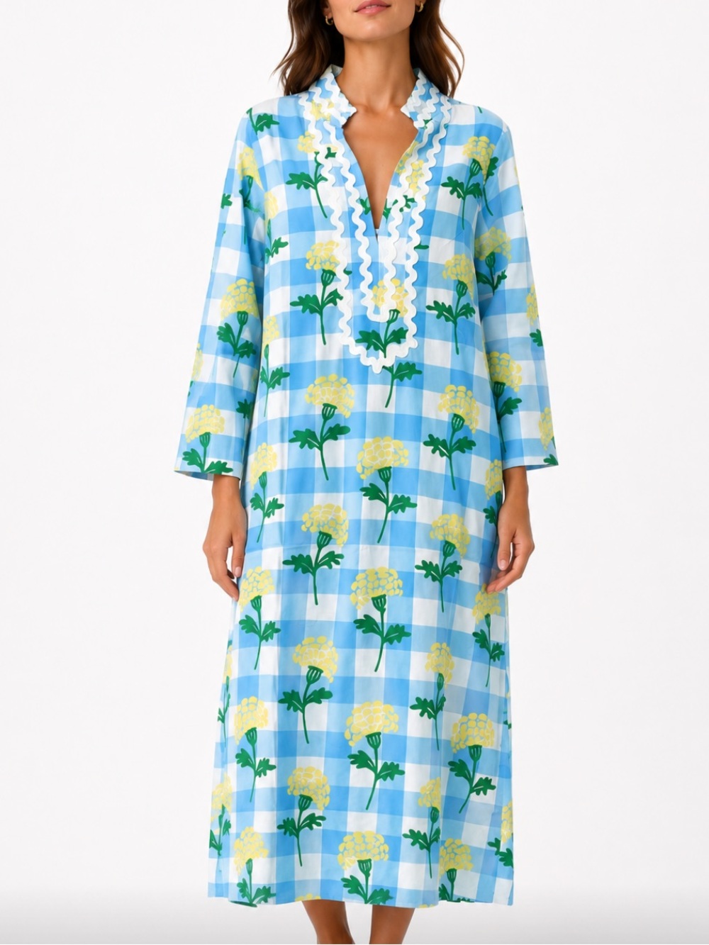 Sail to sable NWT blue yellow white floral gingham cotton kaftan dress sz s